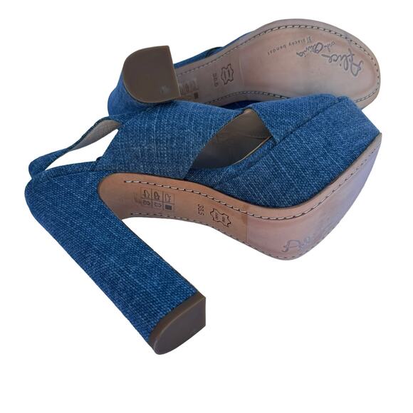 Alice + Olivia Women's Blue Denim Peep Toe Block Heel Ankle Buckle Sandals 38.5 - Picture 11 of 11